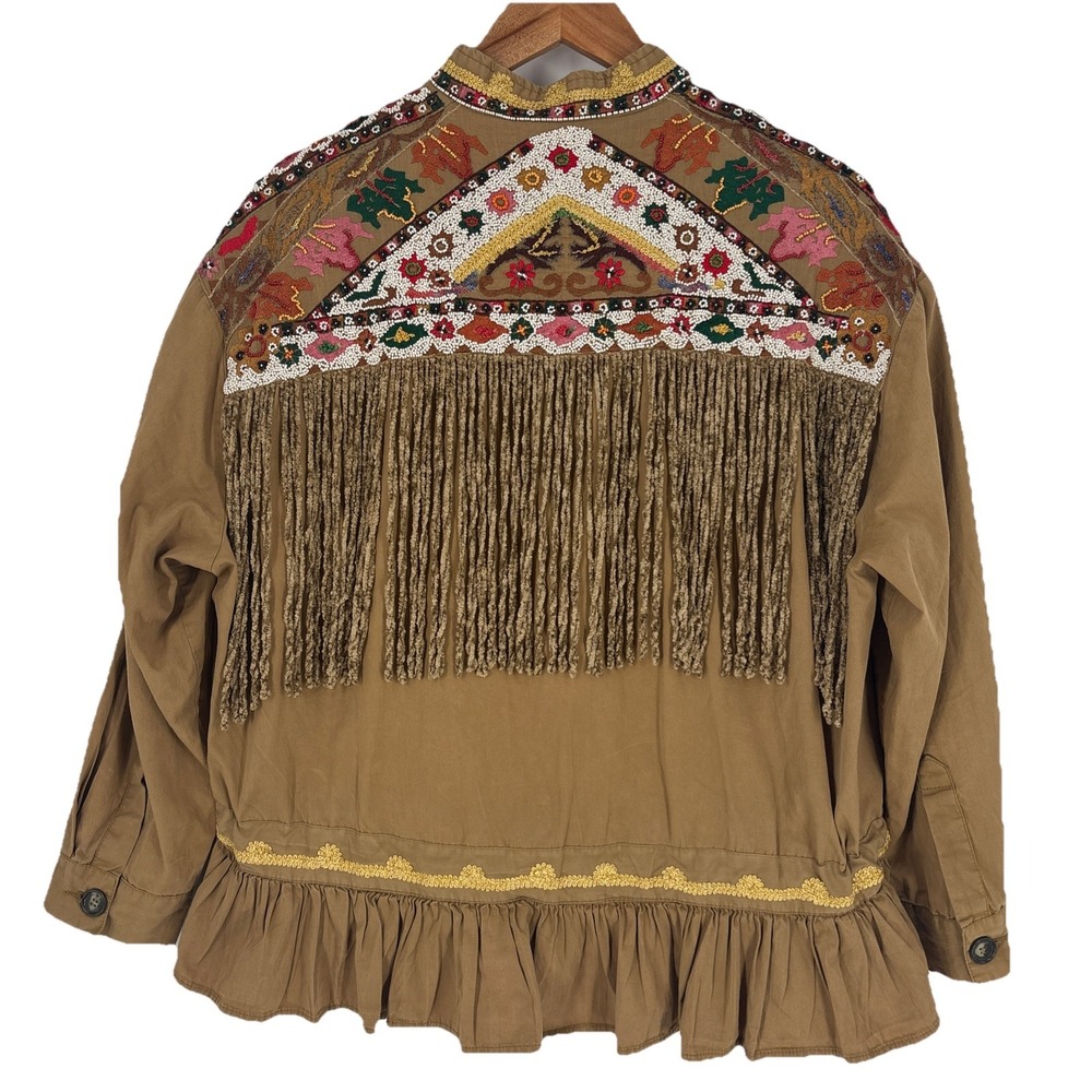 Zara Khaki Jacket with Multicolor Embroidered Yoke & Fringe